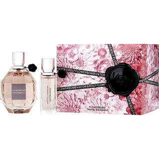 Flowerbomb Eau de Parfum Spray 3.4 oz and Travel Spray 0.68 oz set, featuring a rich and complex floral fragrance.