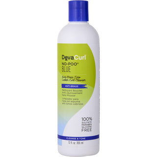 DevaCurl No Poo Blue Anti-Brass Zero Lather Curl Cleanser 12 oz bottle with sleek design, packaging may vary.