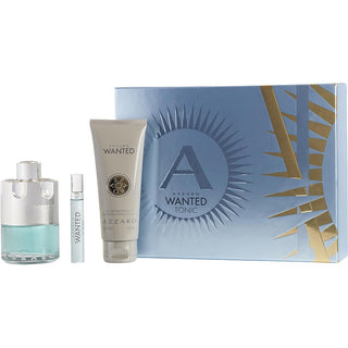 Azzaro Wanted Tonic EDT set with 3.3oz spray, 3.4oz hair and body shampoo, and 0.25oz mini spray.