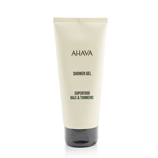 Ahava Superfood Kale & Turmeric Shower Gel 6.8oz bottle with vibrant packaging.