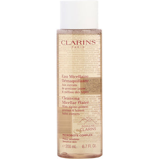 Clarins Cleansing Micellar Water with Alpine Golden Gentian & Lemon Balm Extracts 6.7oz bottle.