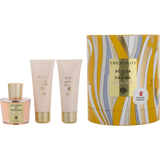 Acqua Di Parma Rosa Nobile Emilio Pucci Edition set including Eau de Parfum spray, body cream, and bath and shower gel with elegant packaging.