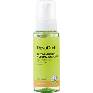 DevaCurl Frizz-Fighting Volumizing Foam 8 oz bottle with a sleek design.