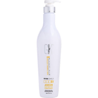 Gk Hair PRO LINE HAIR TAMING SYSTEM WITH JUVEXIN COLOR PROTECTION MOISTURIZING CONDITIONER 10.1 OZ bottle on a chic bathroom shelf.