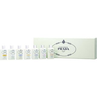 Prada Infusion Variety 7 Piece Mini Set featuring 0.27 oz bottles of Iris, Iris Cedre, Fleur d'Oranger, Amande, Mimosa, Rose, and Mandarine.