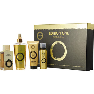 Armaf Edition One Set including Eau de Parfum Spray, Body Lotion, Perfume Body Spray, and Fragrance Body Spray.