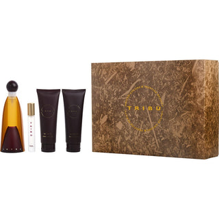 Tribu EDT SPRAY 3.3 OZ, Body Lotion 3.3 OZ, Shower Gel 3.4 OZ, and mini EDT spray 0.33 OZ.