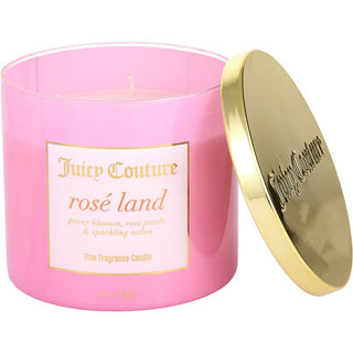 Juicy Couture Rose Land Candle with floral packaging, 14.5 oz.