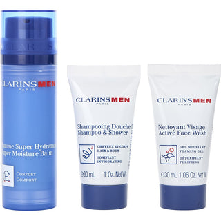 Clarins Men Super Moisture Balm + Active Face Wash + Shampoo 3pcs - fragrancedealz.com