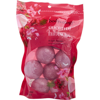  Bodycology Coconut Hibiscus Bath Fizzies, 8 count package with tropical design. Buy now at fragrancedealz.com.