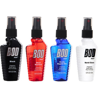 Bod Man Variety 4 Pak, featuring Black, Most Wanted, Really Ripped Abs, and World Class fragrance body sprays in 1.8oz bottles | Fragrance Dealz.