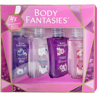 Body Fantasies Variety 4 Piece Set with Japanese Cherry Blossom, Fresh White Musk, Twilight Mist, and Sweet Sunrise body sprays. Buy now at fragrancedealz.com.