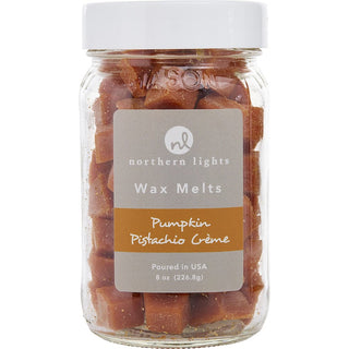 Pumpkin Pistachio Creme Scented Simmering Fragrance Chips, 8 oz jar containing 100 melts, for a warm and inviting home aroma.