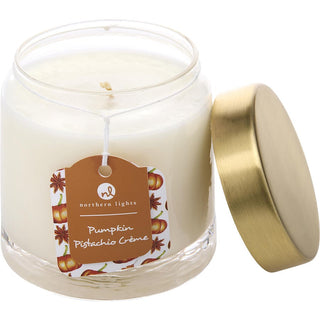 Pumpkin Pistachio Creme Scented Soy Glass Candle, 10 oz, providing a rich, creamy aroma of pumpkin and pistachio.