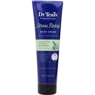 Dr. Teal's Aromatherapy Stress Relief Body Cream in a 227g tube with refreshing packaging.