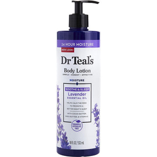 Dr. Teal's Body Lotion Moisture+ Soothing Lavender in an 18oz bottle with calming lavender imagery.