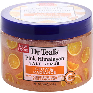 Dr. Teal's Pink Himalayan Salt Scrub Glow & Radiance in a 454g jar with vibrant packaging.