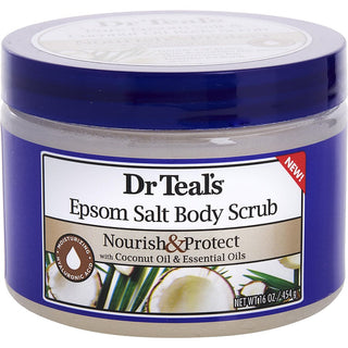 Dr. Teal's Epsom Salt Body Scrub Nourish & Protect in a 454g jar with tropical packaging.