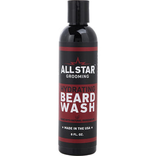 A bottle of All Star Grooming Hydrating Beard Wash 8oz, with a sleek design and a background of citrus and botanical elements,.