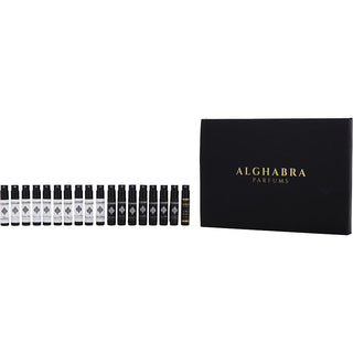 A luxurious display of the Alghabra Parfums Variety 18 PC Discovery Set, featuring beautifully designed perfume bottles representing each collection, set against a backdrop of iconic landmarks from Damascus, Istanbul, Russia, and more.