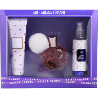 Ari by Ariana Grande fragrance set including a 3.4oz Eau de Parfum Spray, 4oz Body Mist, and 3.4oz Body Souffle.