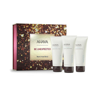 Ahava Be Unexpected Work That Body Set with Body Lotion, Hand Cream, Shower Gel, and Crystal Osmoter X6 Serum in an elegant package.