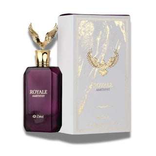 Bottle and box of Royal Amethyst Perfume By Zakat, a harmonious blend of luxury and elegance. Explore its captivating essence at fragrancedealz.com