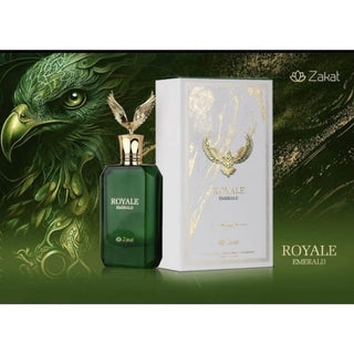 Side view featuring the Royal Emerald By Zakat bottle, paired with its elegant box, reflecting sophistication and allure. Explore the essence of opulence at fragrancedealz.com