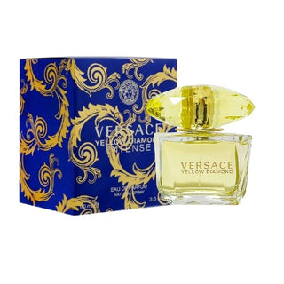 Versace Yellow Diamond Intense: Front view of the exquisite bottle and side view of the meticulously designed box, presenting a perfect balance of elegance and sophistication, available at fragrancedealz.com