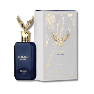 Bottle and box of Royal Sapphire By Zakat, a harmonious blend of regal elegance and sophistication. Explore its captivating essence at fragrancedealz.com