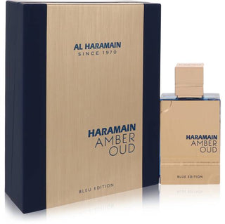 Al Haramain Amber Oud Bleu Edition cologne bottle with a sleek blue design and elegant accents. Displayed at fragrancedealz.com.