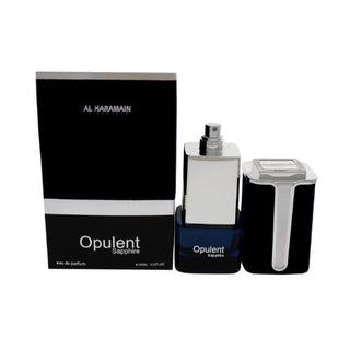 Al Haramain Opulent Sapphire perfume bottle with the cap on, alongside its matching box, displayed at fragrancedealz.com.