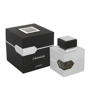 Al Haramain L'Aventure perfume bottle and box with a modern design, shown together at fragrancedealz.com.