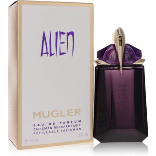 Alien by Thierry Mugler perfume bottle with a unique, futuristic design in deep purple, displayed at fragrancedealz.com.