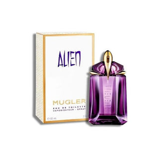 Alien By Thierry Mugler's captivating bottle nestled beside its elegant packaging, promising an otherworldly experience, available on Fragrancedealz.com