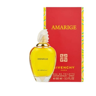 Amarige perfume bottle positioned in front of its box, showcasing an elegant design with vibrant color, displayed together at fragrancedealz.com