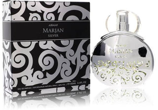 A sleek, silver bottle of Armaf Marjan cologne is shown, featuring a polished, modern design. The bottle’s reflective surface and clean lines suggest an elegant fragrance, sourced from Fragrancedealz.com.