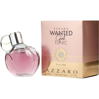 Azzaro Wanted Girl Tonic Perfume bottle with a unique flower-shaped design and pink tint, featuring a silver-tone spray cap, alongside its matching pink and silver box. Available at fragrancedealz.com.