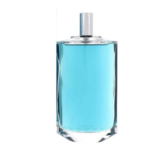 Chrome Legend Cologne crystal bottle, with silver cap and sky blue liquid in it.