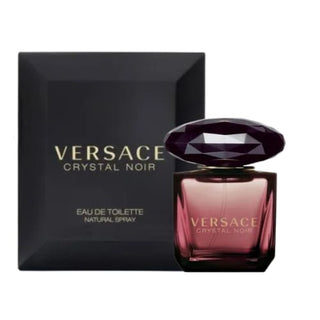 Crystal Noir Versace fragrance bottle nestled alongside its packaging on Fragrancedealz.com