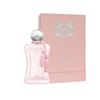 Delina La Rosee perfume bottle positioned on the left in front of its box on Fragrancedealz.com