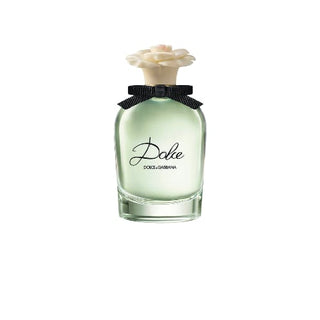 Image of a bottle of Dolce Perfume available at fragrancedealz.com. The bottle is elegant and sleek, featuring a clear glass body with a light pastel-colored liquid inside