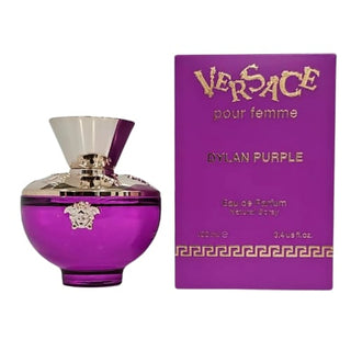 Dylan Purple Versace Pour Homme fragrance bottle nestled alongside its packaging on Fragrancedealz.com