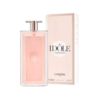 Idole Lancome perfume bottle positioned on the left in front of its elegant box on Fragrancedealz.com