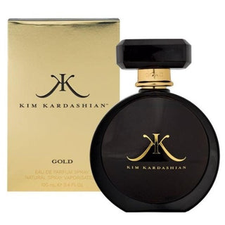 Kim Kardashian Gold Perfume bottle positioned in front of its box on fragrancedealz.com