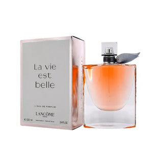 La Vie Est Belle by Lancôme Perfume bottle with its stylish box, both exuding sophistication and luxury, highlighting its beautiful floral and gourmand fragrance for women, on Fragrancedealz.com