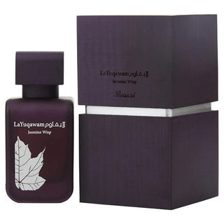 La Yuqawam Jasmine Wisp Perfume's exquisite bottle and its accompanying box, presented in a frontal perspective, inviting you to experience its enchanting fragrance, showcased on Fragrancedealz.com