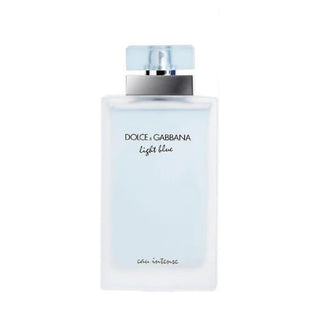 A bottle of Light Blue Eau Intense Perfume available at fragrancedealz.com. The perfume notes include refreshing citrus, crisp apple, and warm amber, creating a vibrant and intense fragrance 