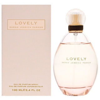 Lovely Perfume box and bottle. The box features a soft, light pink color palette and elegant branding, while the bottle boasts a sleek design with gentle curves. The fragrance is characterized by notes of lavender, rose, and jasmine. Available at fragrancedealz.com.