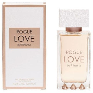 Rihanna Rogue Love Perfume box and bottle. The box features a sleek design with bold branding and accents, while the bottle showcases a sophisticated and elegant design. Available at fragrancedealz.com.